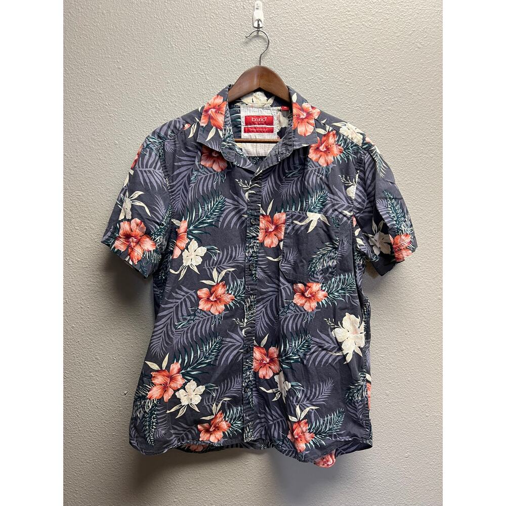 Bruno Milano Button Up Shirt Purple Floral Flower Tropical modern Stretch Tee XL